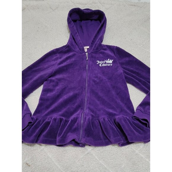 Juicy Couture Girls Purple Velour Full Zip Hoodie Studded Ruffled Hem Size 7 - Picture 4 of 11